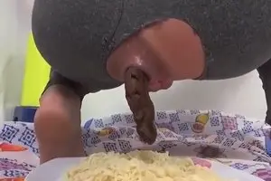 Babe poop into pasta through a hole in his pants